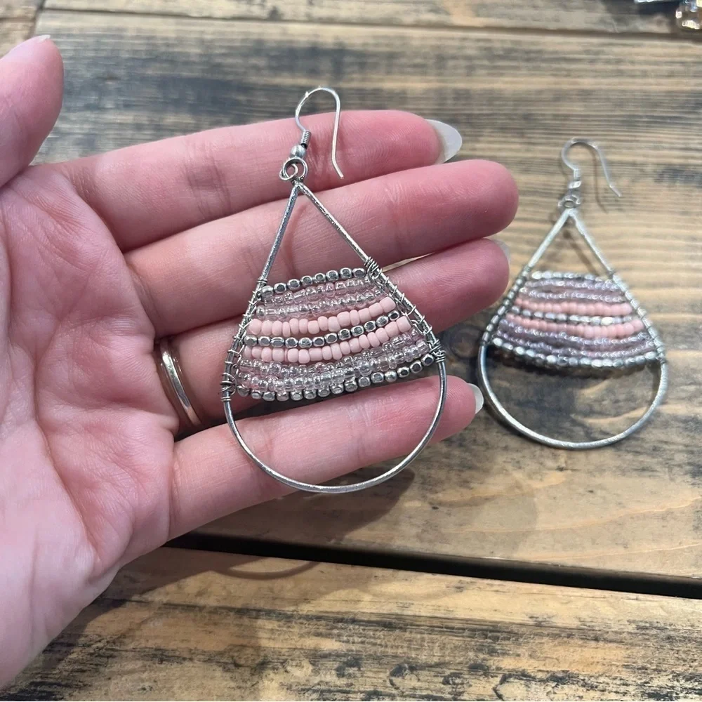 Pink & Silver Beaded Drop Earrings